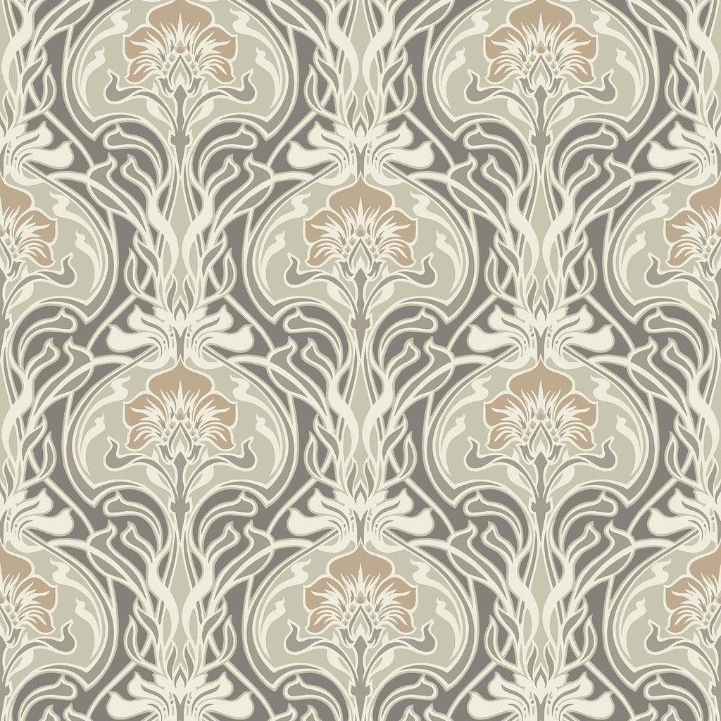 Mucha Botanical Ogee Wallpaper in Dark Grey