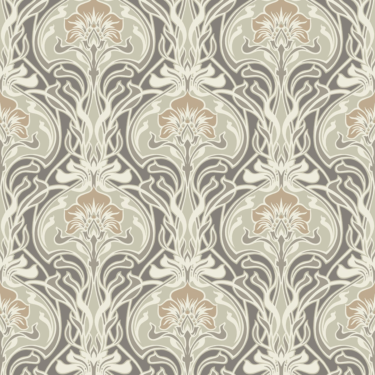 Mucha Botanical Ogee Wallpaper in Dark Grey