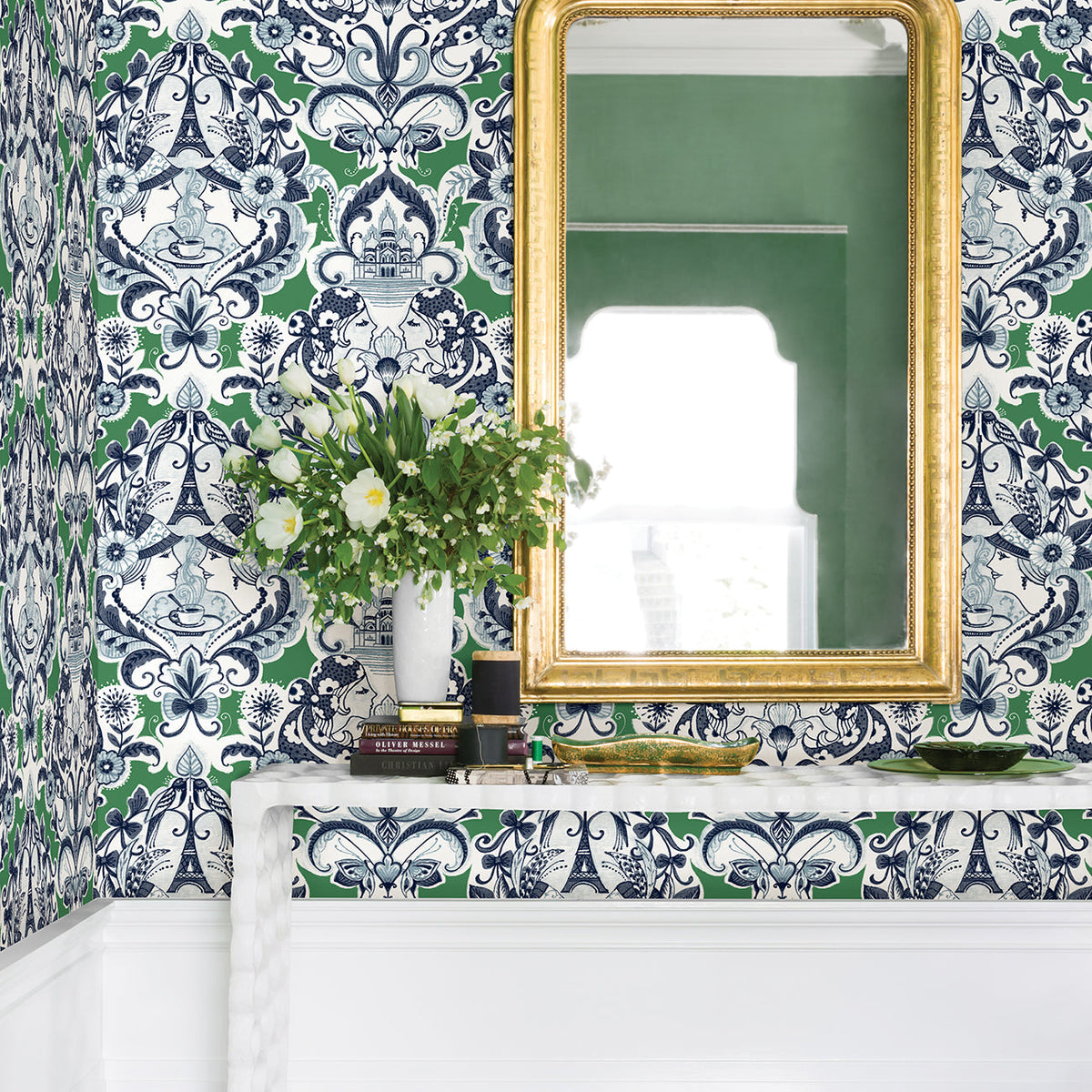 Sadie Parisian Damask Wallpaper wallpaper detail or room view