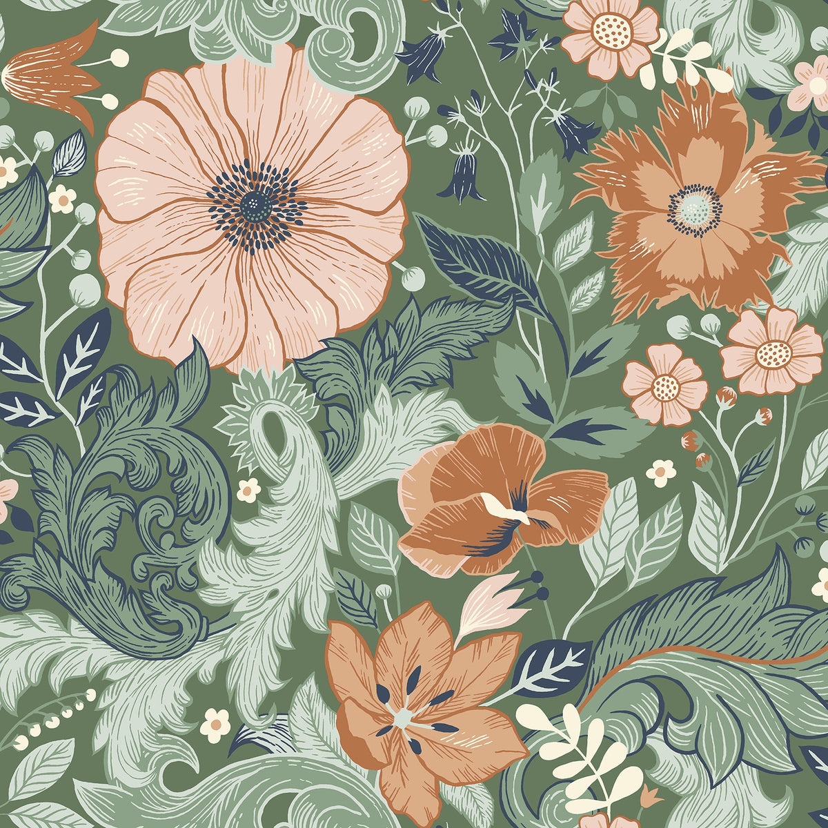 Victoria Floral Nouveau Wallpaper in Green
