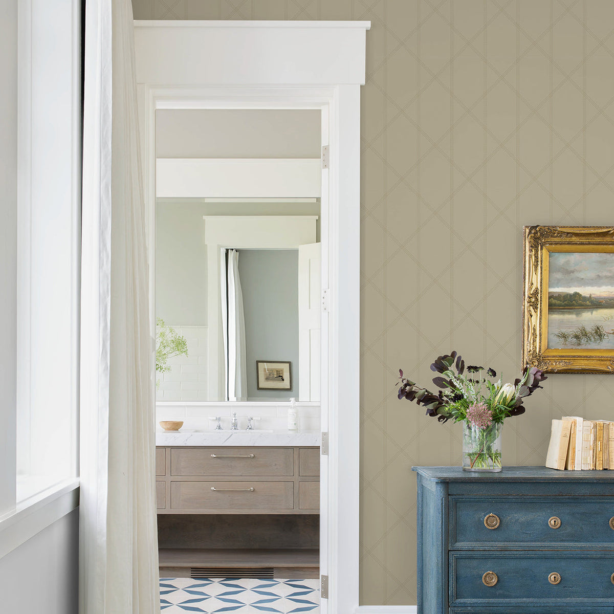 Walcott Stitched Trellis Wallpaper wallpaper detail or room view