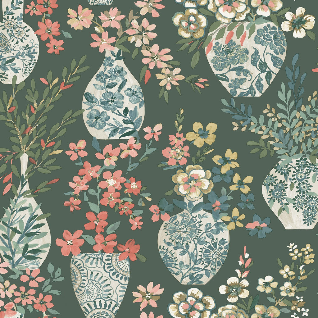 Harper Floral Vase Wallpaper in Green