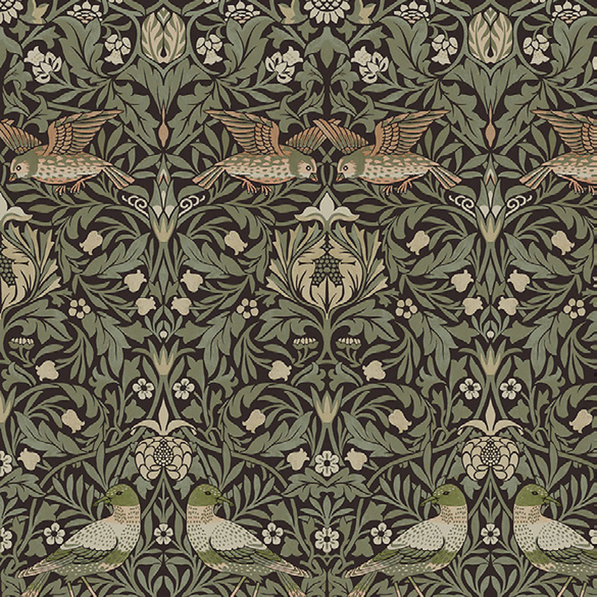 Bird Floral Thicket Wallpaper in Brown