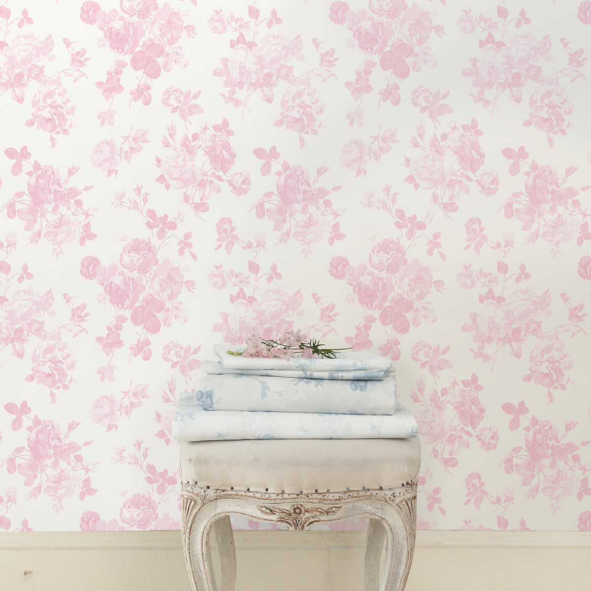 LoveShackFancy Everblooming Rosettes Cabbage Rose Bouquets Wallpaper wallpaper detail or room view