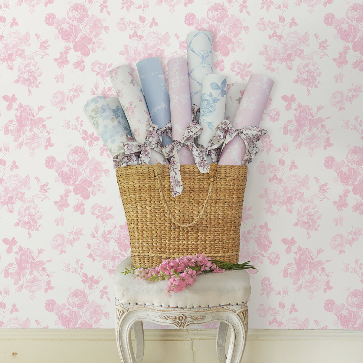 LoveShackFancy Everblooming Rosettes Cabbage Rose Bouquets Wallpaper wallpaper detail or room view