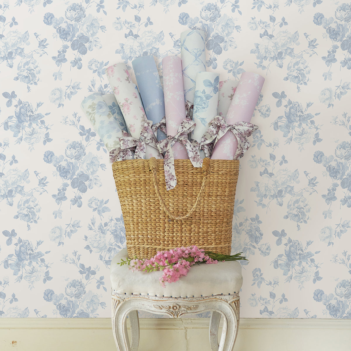 LoveShackFancy Everblooming Rosettes Cabbage Rose Bouquets Wallpaper wallpaper detail or room view