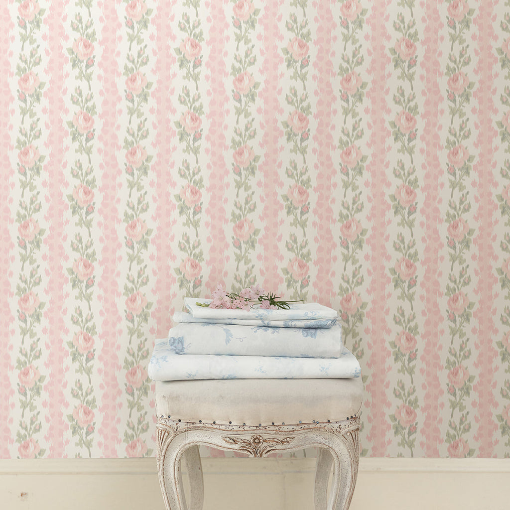 LoveShackFancy Blooming Heirloom Rose Stripe Wallpaper wallpaper detail or room view