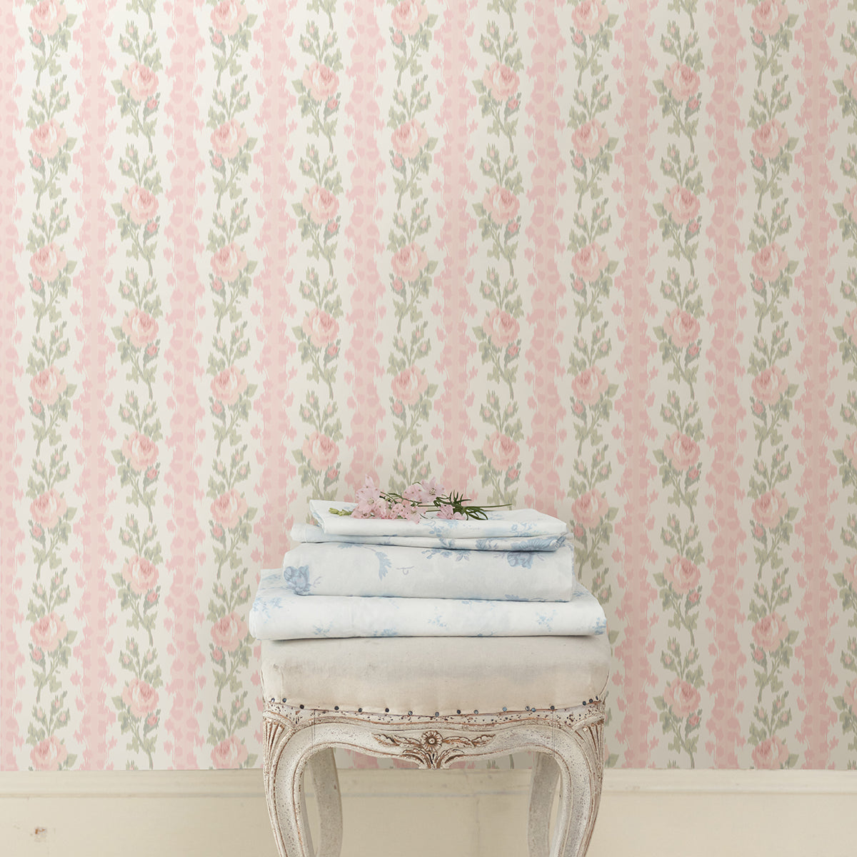 LoveShackFancy Blooming Heirloom Rose Stripe Wallpaper wallpaper detail or room view