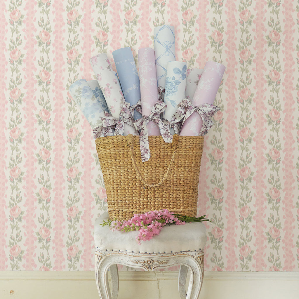 LoveShackFancy Blooming Heirloom Rose Stripe Wallpaper wallpaper detail or room view