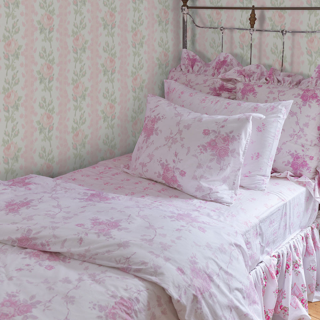 LoveShackFancy Blooming Heirloom Rose Stripe Wallpaper wallpaper detail or room view