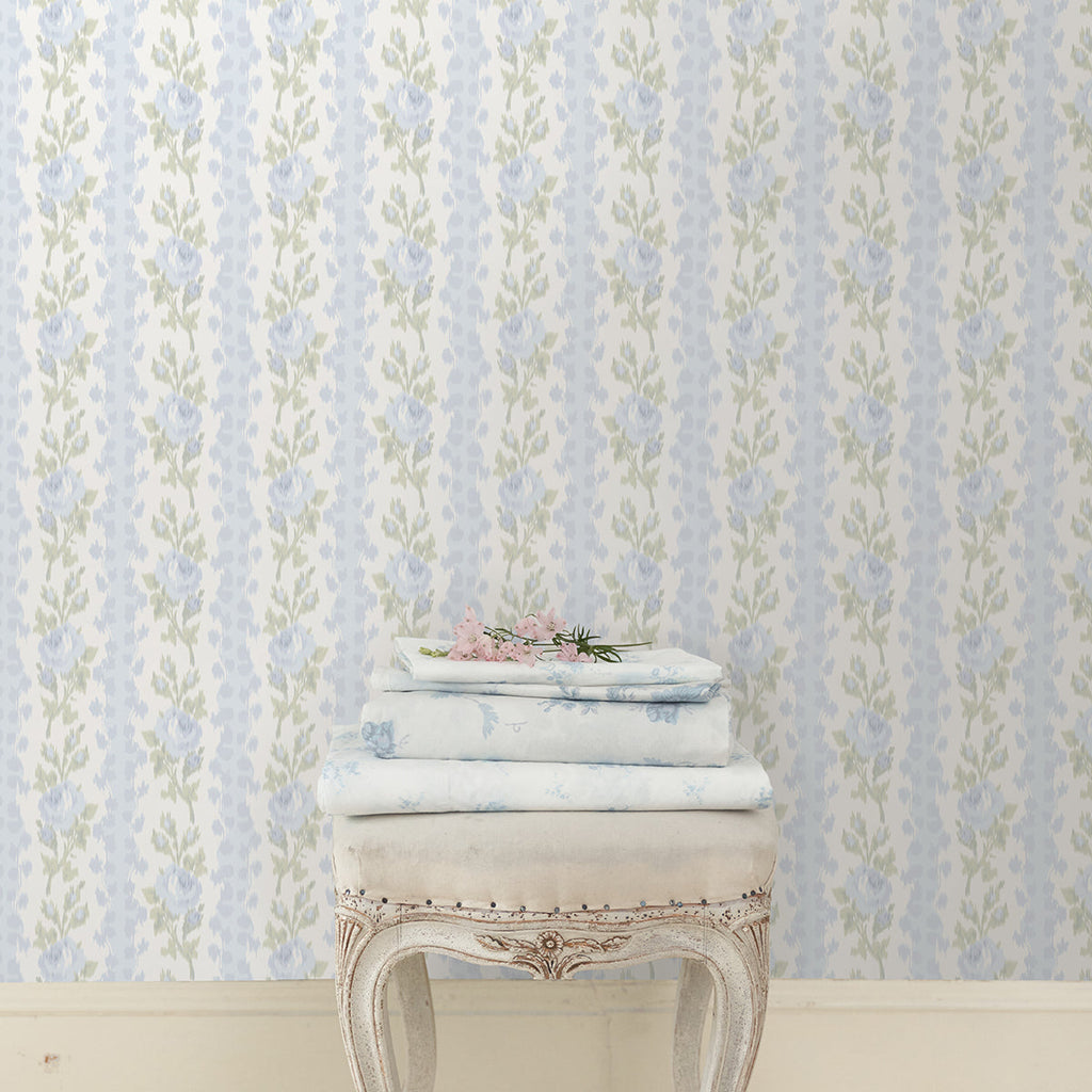 LoveShackFancy Blooming Heirloom Rose Stripe Wallpaper wallpaper detail or room view