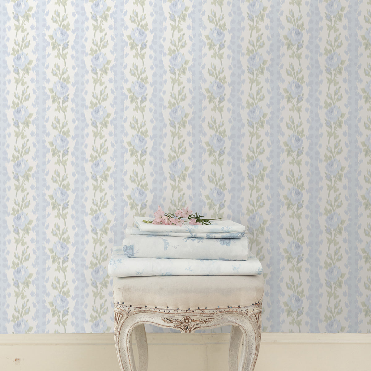 LoveShackFancy Blooming Heirloom Rose Stripe Wallpaper wallpaper detail or room view