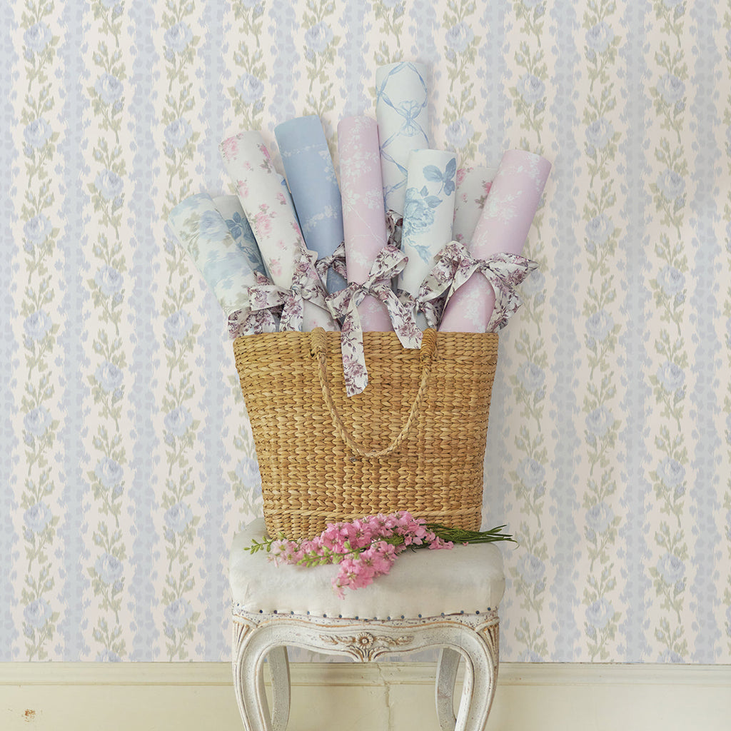 LoveShackFancy Blooming Heirloom Rose Stripe Wallpaper wallpaper detail or room view