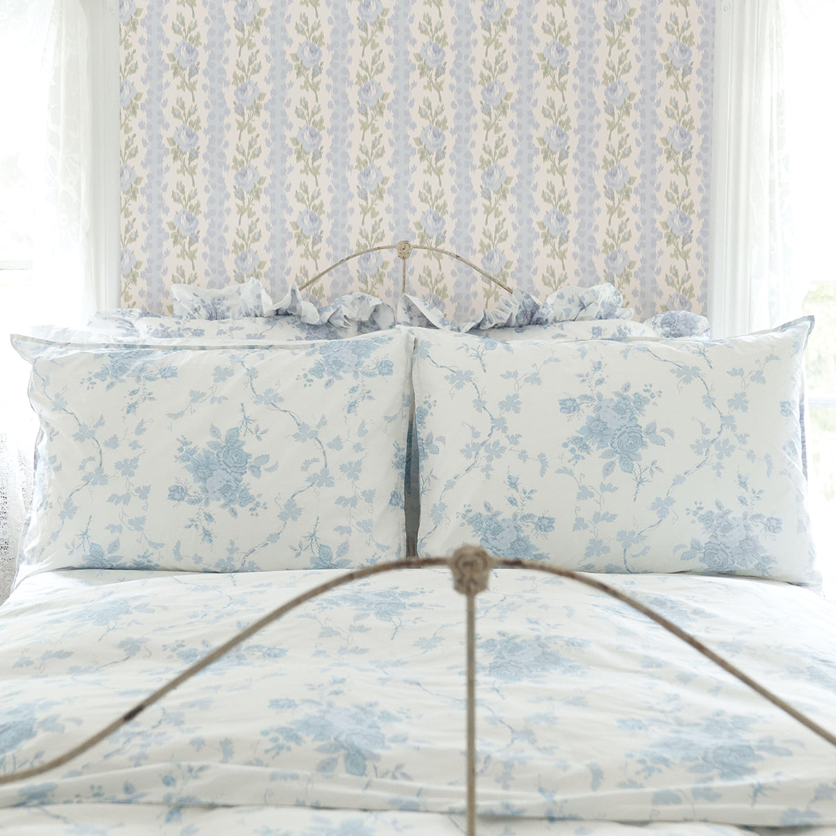 LoveShackFancy Blooming Heirloom Rose Stripe Wallpaper wallpaper detail or room view