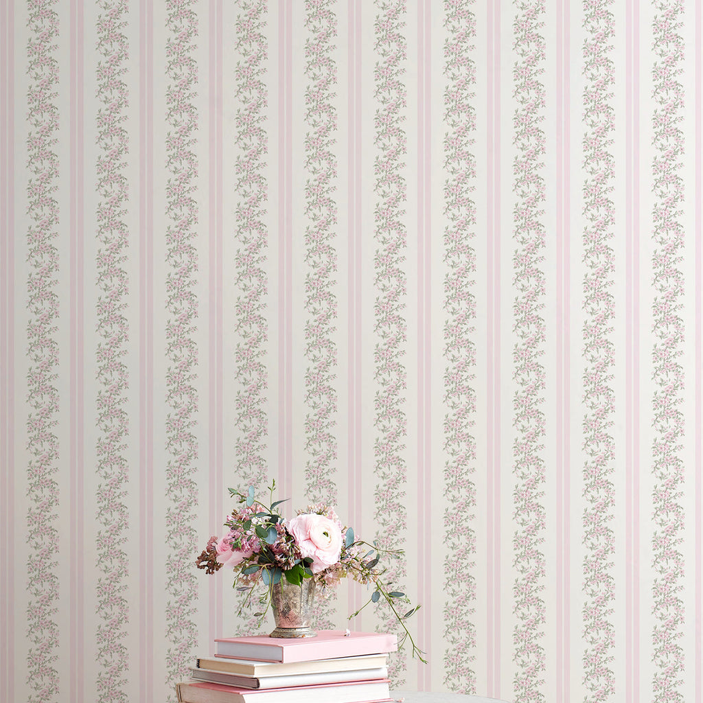 LoveShackFancy Marigold Wreath Floral Stripe Wallpaper wallpaper detail or room view