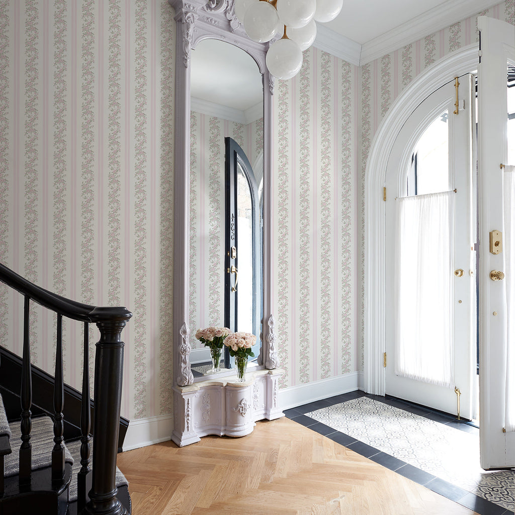LoveShackFancy Marigold Wreath Floral Stripe Wallpaper wallpaper detail or room view