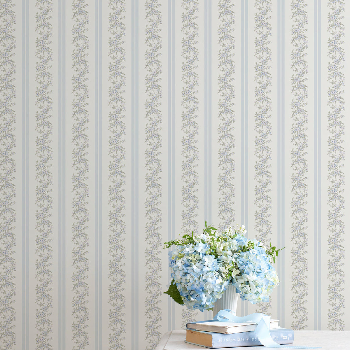 LoveShackFancy Marigold Wreath Floral Stripe Wallpaper wallpaper detail or room view