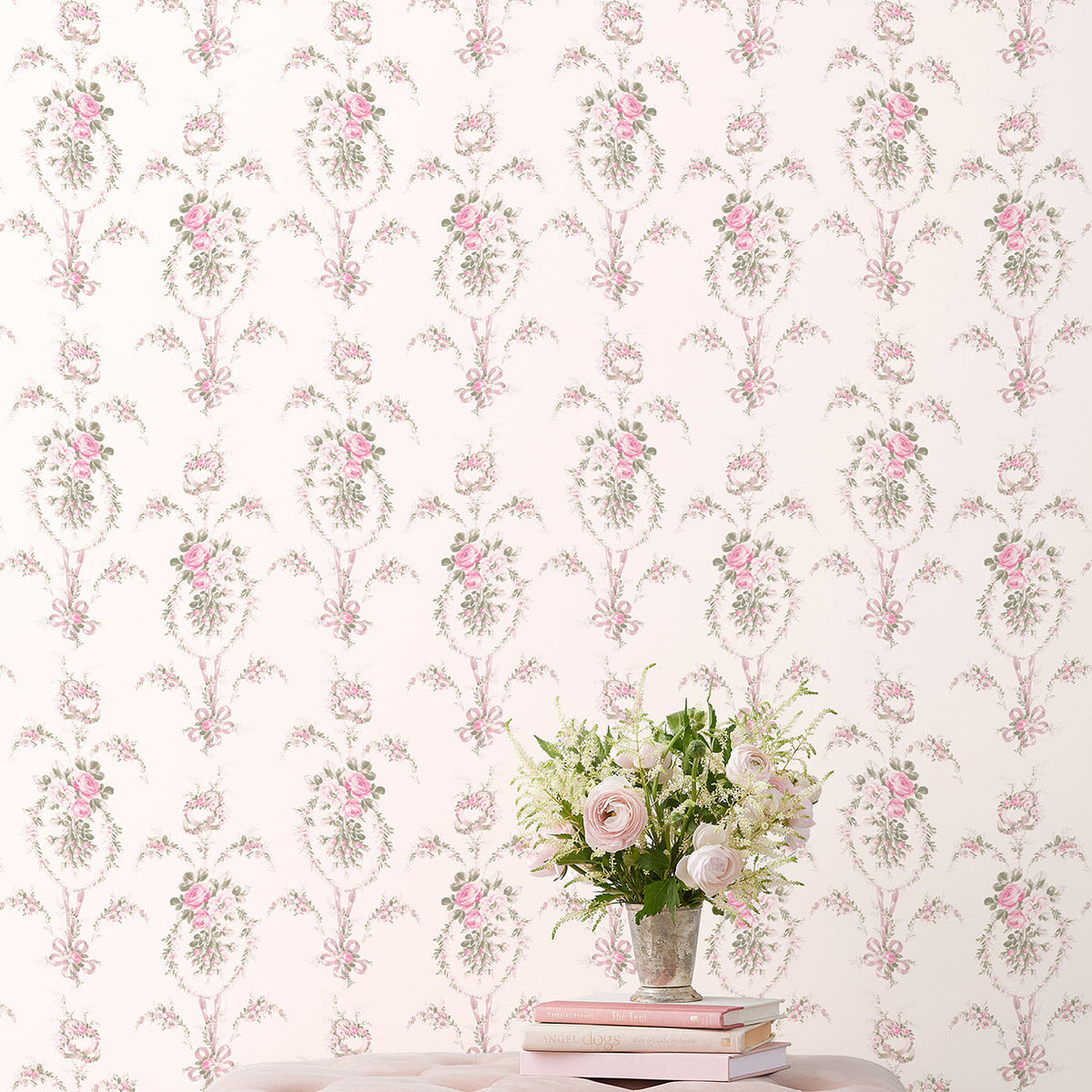 LoveShackFancy Rose Cheeks Floral Cluster Wallpaper wallpaper detail or room view