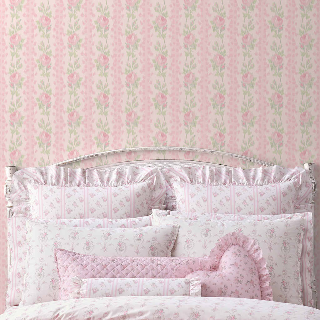 LoveShackFancy Blooming Heirloom Rose Stripe Wallpaper wallpaper detail or room view