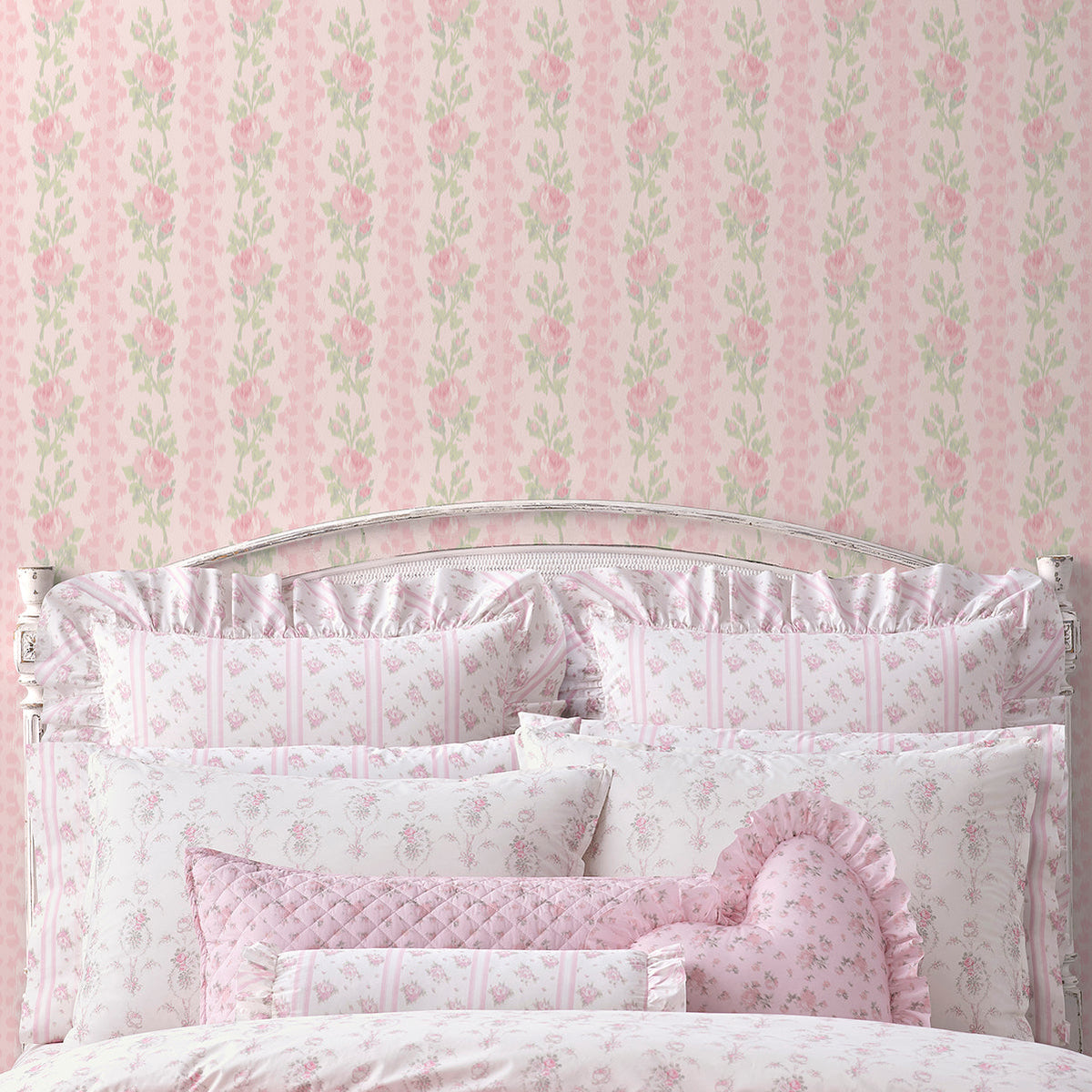 LoveShackFancy Blooming Heirloom Rose Stripe Wallpaper wallpaper detail or room view
