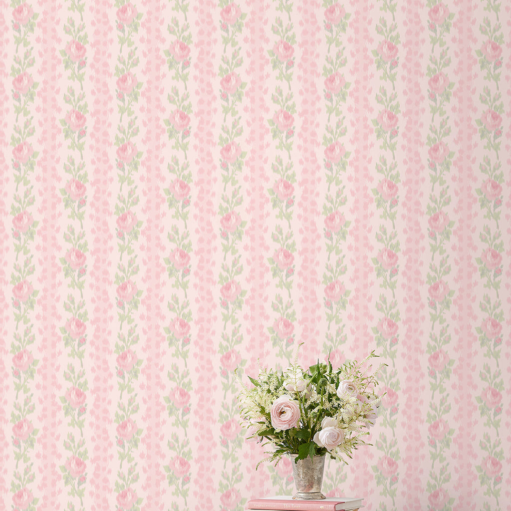 LoveShackFancy Blooming Heirloom Rose Stripe Wallpaper wallpaper detail or room view