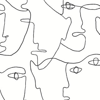 Minimalist black continuous line art pattern featuring abstract faces and eyes on a white background.
