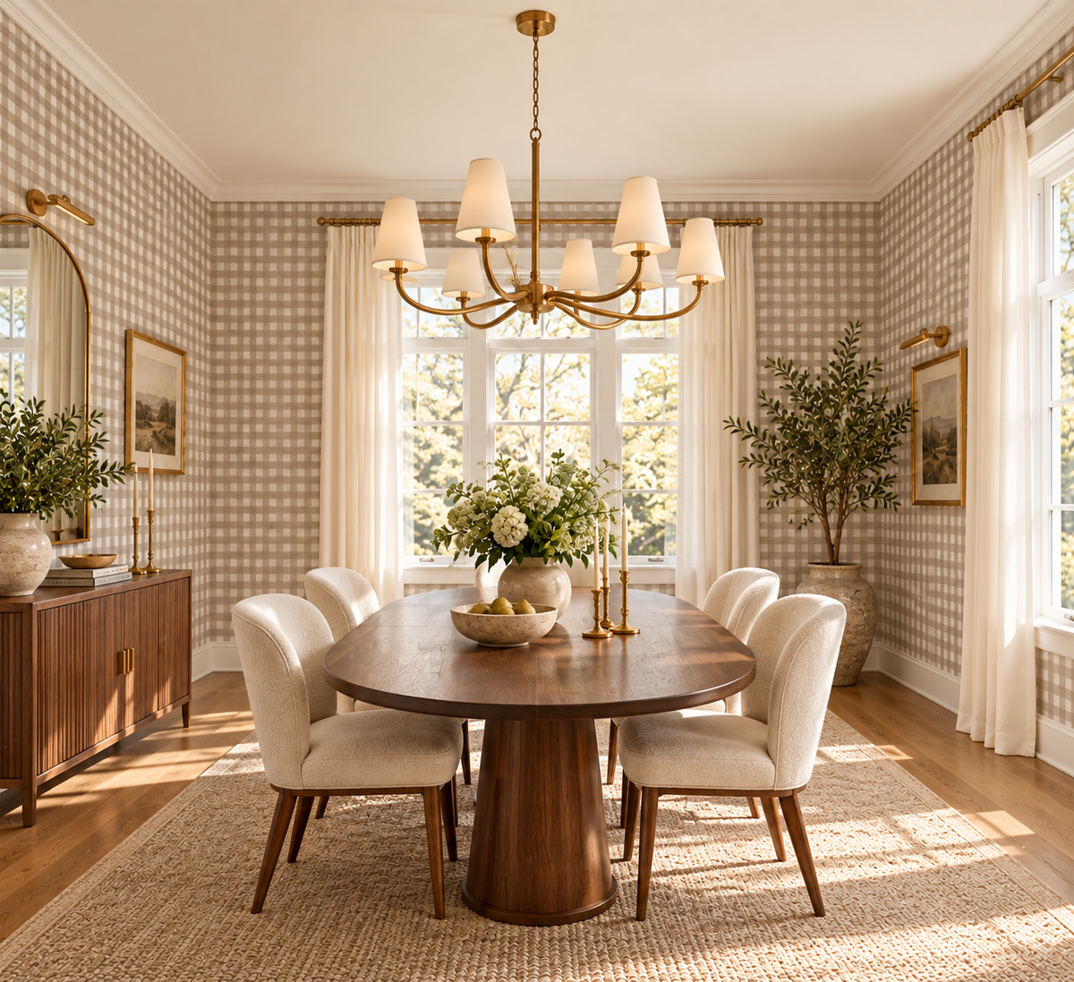A beautifully styled dining room featuring a round dark wood pedestal table surrounded by eight upholstered dining chairs in a warm cream color. The room is decorated with beige and white gingham checkered wallpaper, a large brass multi-light chandelier, a natural jute rug, and potted plants.
