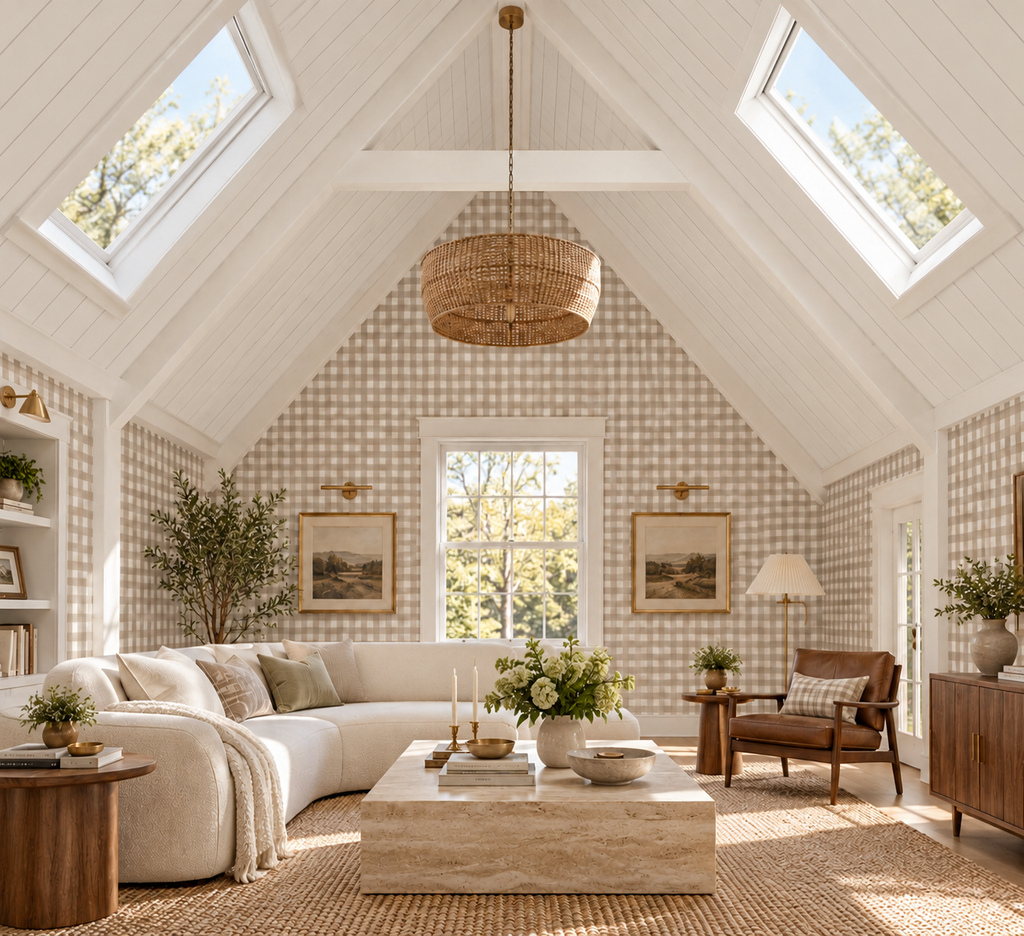 A bright, airy living room with a cream sectional sofa, a low wooden coffee table, a wicker pendant light, and checkered wallpaper under a high vaulted ceiling with skylights.