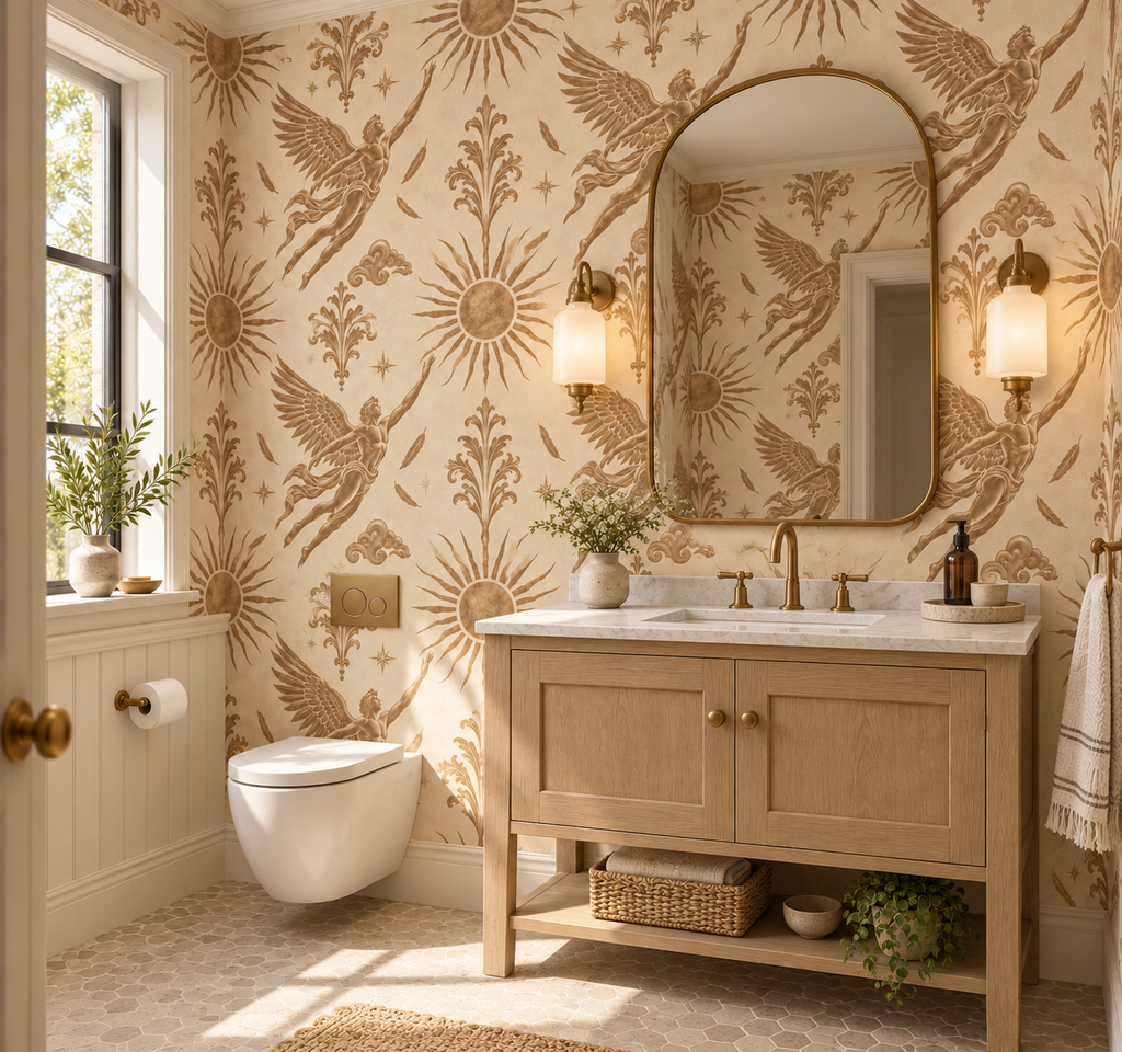 Icarus wallpaper in antique gold and cream surrounds an oak vanity with brass fixtures in a sunlit powder room.