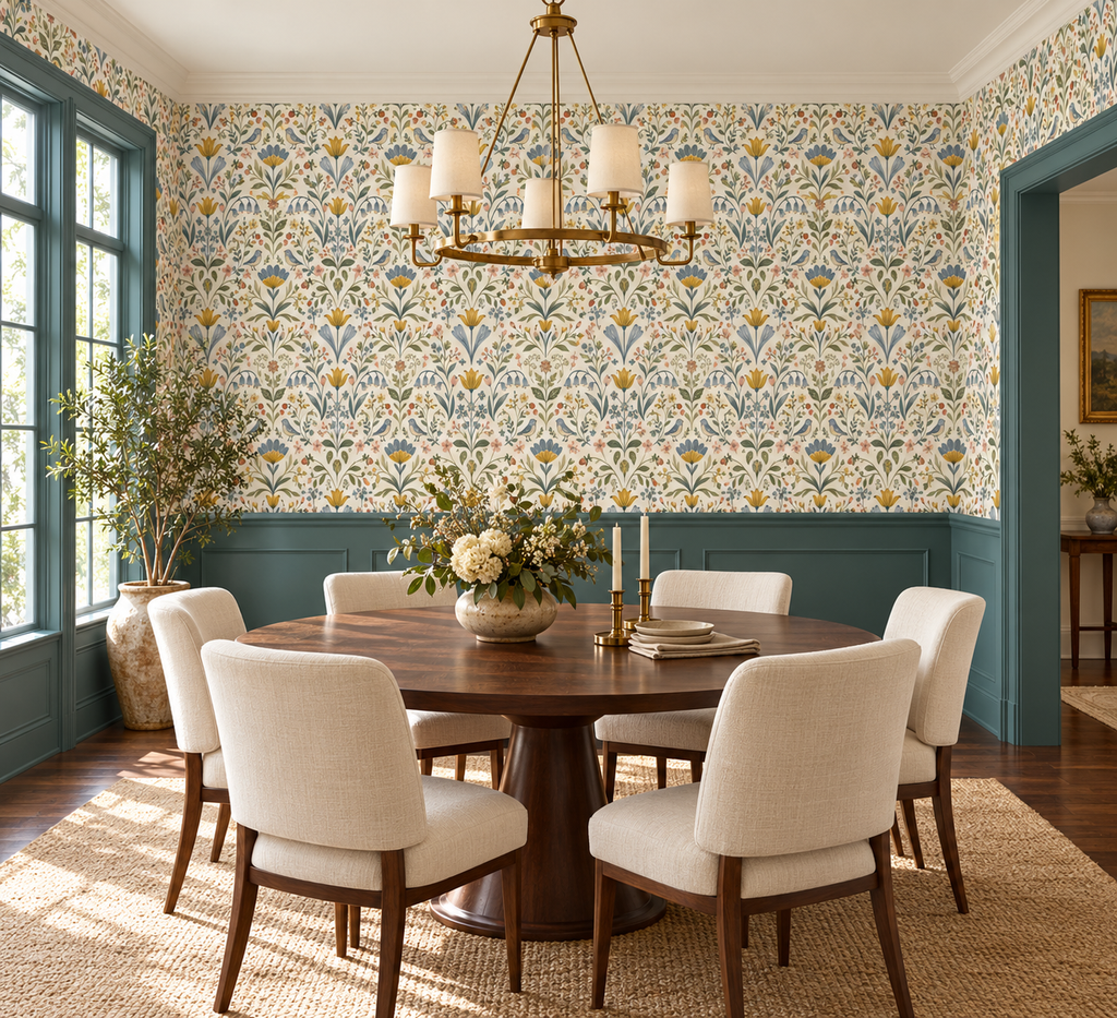 A styled dining room featuring a round dark wood table surrounded by six cream upholstered chairs, set on a woven jute rug against a wall with blue and yellow floral wallpaper and teal wainscoting.