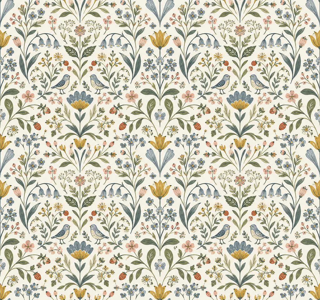 A repeating botanical pattern featuring stylized flowers, leaves, small birds, and berries on a warm off-white background. The design uses muted blue, sage green, peach, yellow, and rust tones in a balanced, symmetrical arrangement.