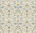 A repeating botanical pattern featuring stylized flowers, leaves, small birds, and berries on a warm off-white background. The design uses muted blue, sage green, peach, yellow, and rust tones in a balanced, symmetrical arrangement.