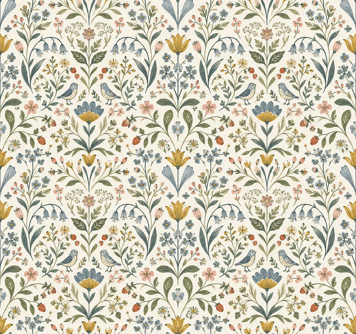 A repeating botanical pattern featuring stylized flowers, leaves, small birds, and berries on a warm off-white background. The design uses muted blue, sage green, peach, yellow, and rust tones in a balanced, symmetrical arrangement.