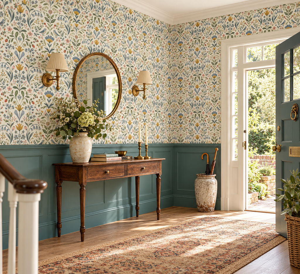 An elegant entryway featuring a light blue and yellow floral wallpaper, teal wainscoting, a dark wood console table, a round gold-framed mirror, and a large patterned area rug.