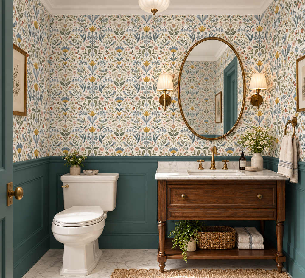 A beautifully styled bathroom featuring intricate botanical pattern wallpaper, dark teal wainscoting, a classic wooden vanity with a white marble sink, and a white toilet.