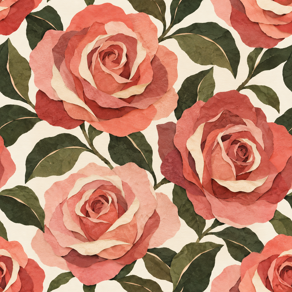 A repeating watercolor floral pattern featuring large pink and coral roses with green leaves on a warm cream background.