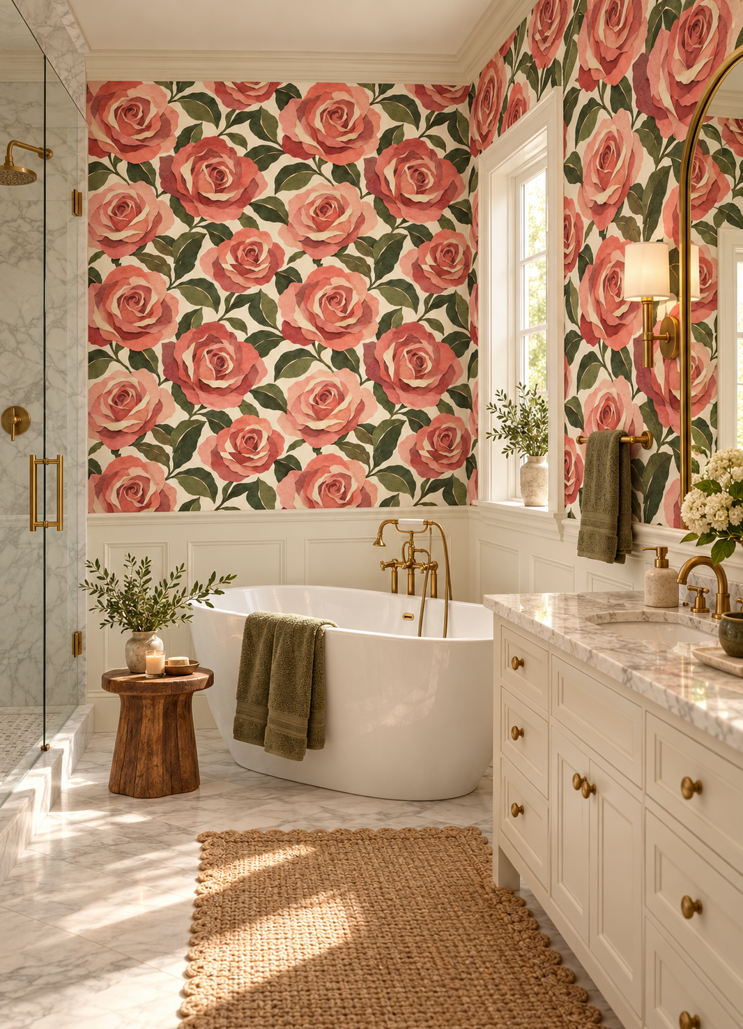 A luxurious bathroom interior featuring bold pink and green rose wallpaper, a white freestanding bathtub with gold fixtures, a white marble vanity, and a woven beige rug.