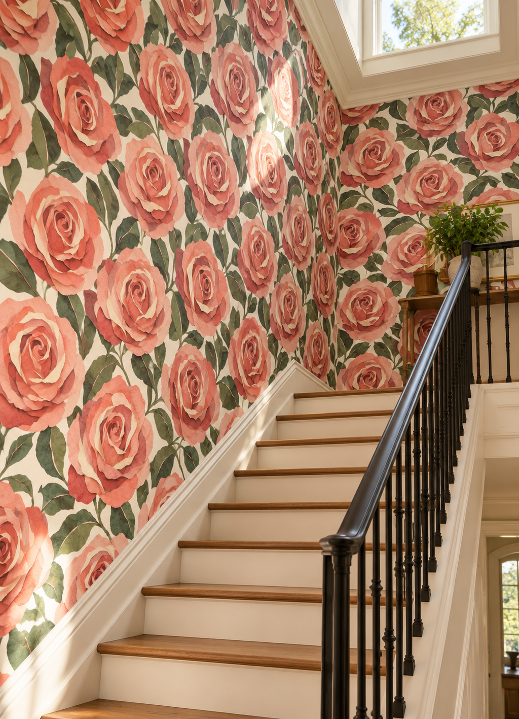A staircase interior with cream walls and wood steps, covered in a large-scale pink rose wallpaper pattern. A black metal railing runs along the right side, and a small potted plant sits on a console table near the top landing.