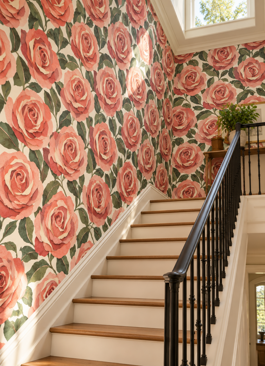 A staircase interior with cream walls and wood steps, covered in a large-scale pink rose wallpaper pattern. A black metal railing runs along the right side, and a small potted plant sits on a console table near the top landing.