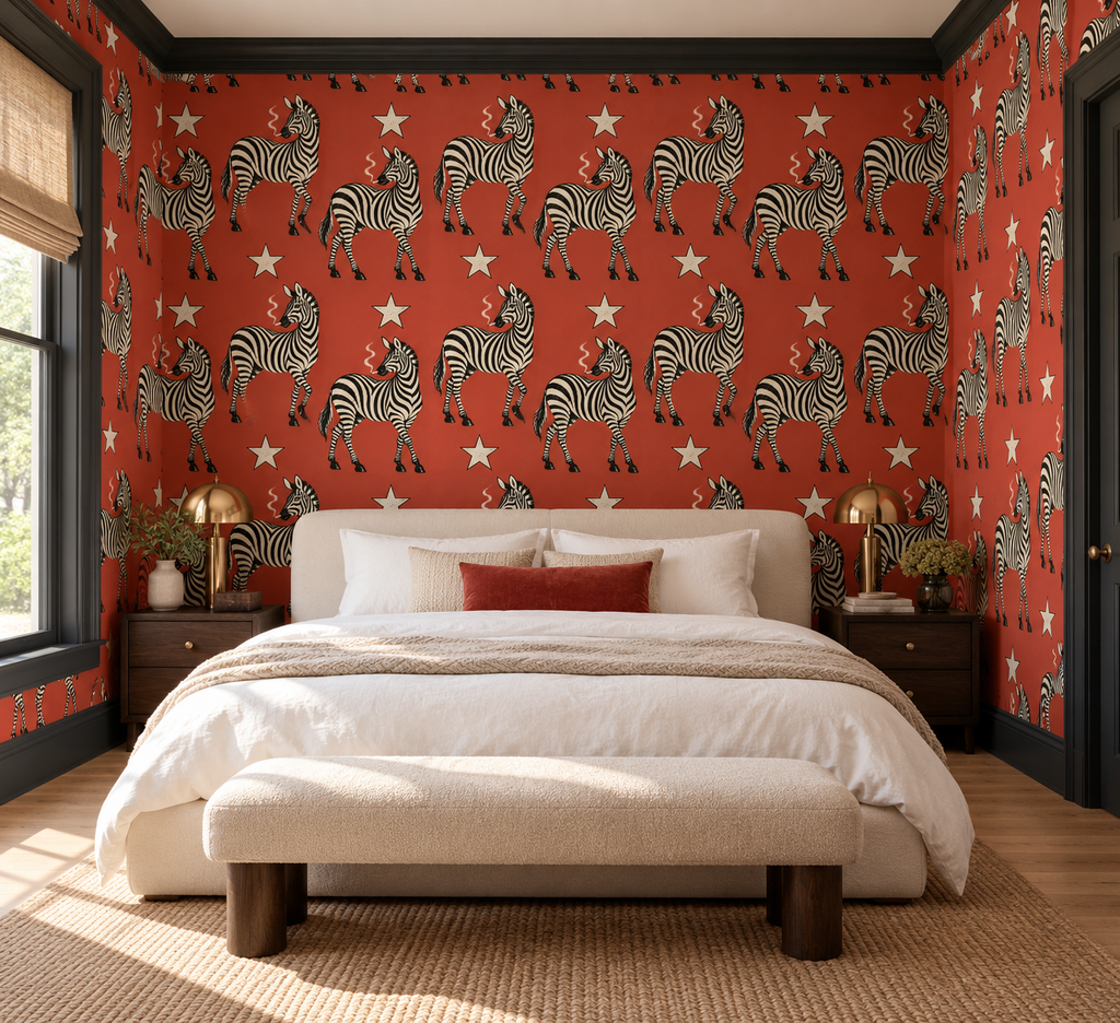 A styled bedroom featuring bold red wallpaper with a repeating zebra and white star pattern, a cream upholstered bed, matching bench, dark wood nightstands, and warm natural light from a window.
