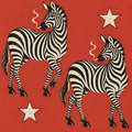 A graphic art print featuring two smoking zebras and two stars on a textured red background.