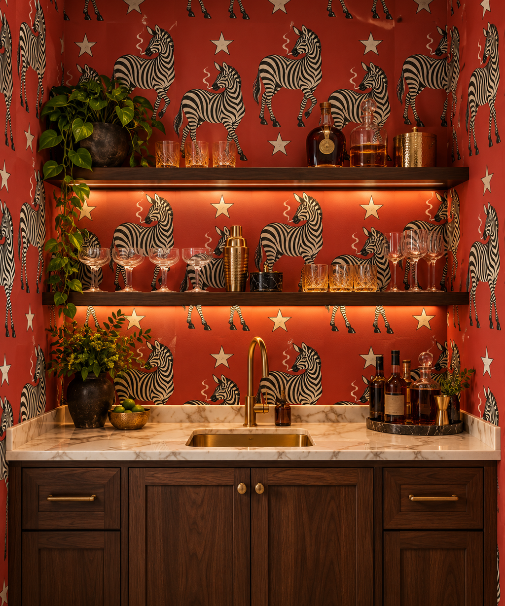A styled home bar corner with dark wood cabinetry, a marble countertop, brass fixtures, and shelves set against a bold red wallpaper patterned with black-and-white zebras and white stars.
