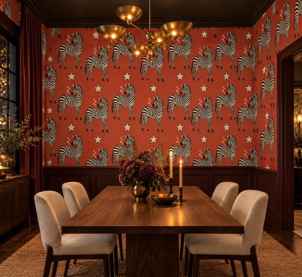A styled dining room featuring bold red wallpaper with a repeating zebra and star pattern, dark wood wainscoting, a wooden dining table, upholstered chairs, and a gold chandelier.