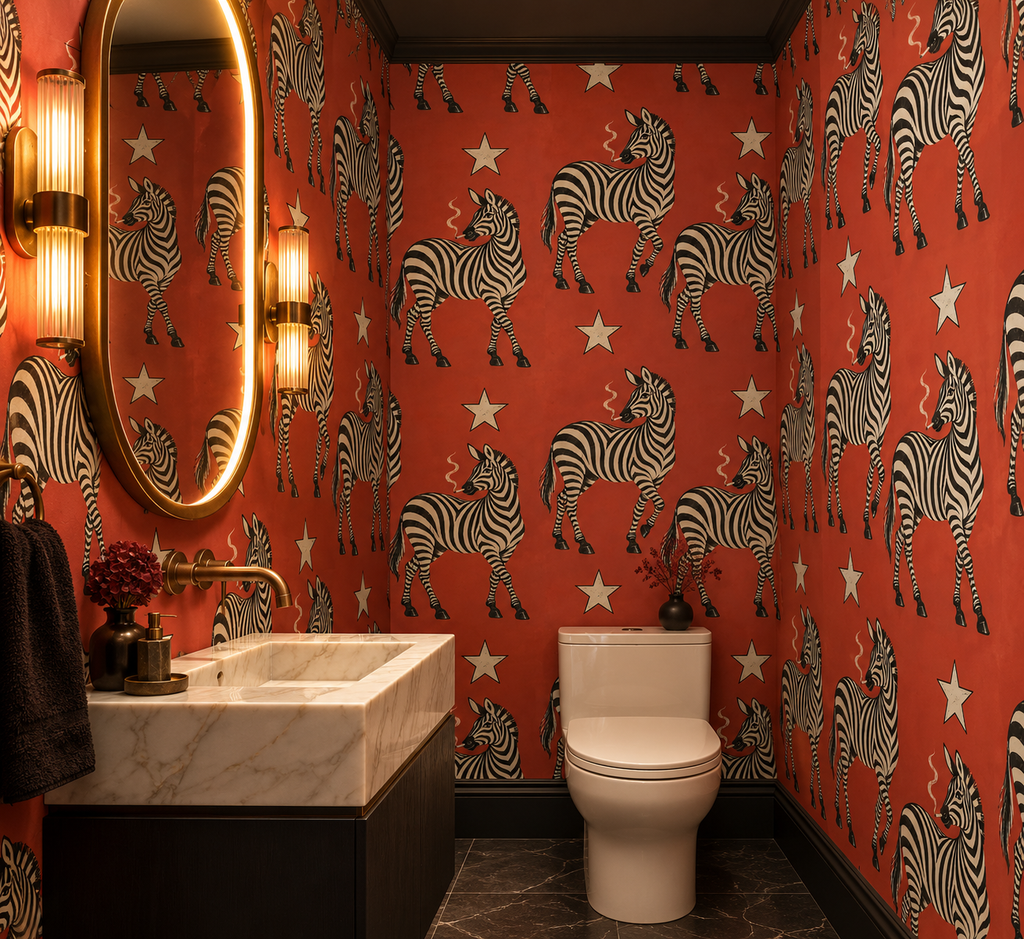 A styled bathroom interior featuring bold red wallpaper with a black-and-white zebra and star pattern, a white marble sink, a white toilet, and warm wall sconces.