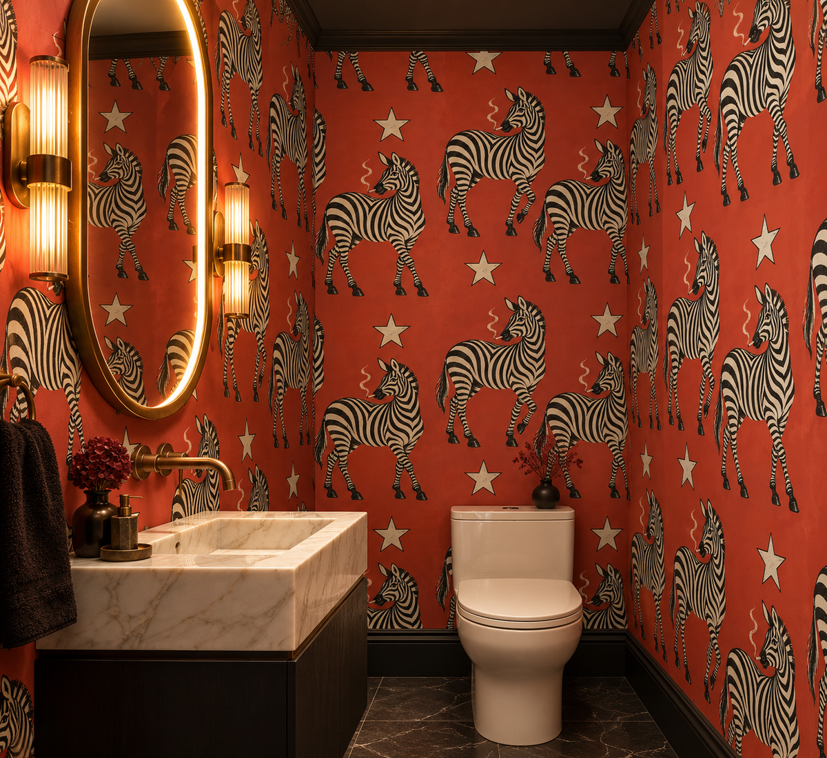A styled bathroom interior featuring bold red wallpaper with a black-and-white zebra and star pattern, a white marble sink, a white toilet, and warm wall sconces.