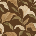 Espresso Affair botanical wallpaper with ivory and caramel flowers, muted olive leaves, and a rich brown background.