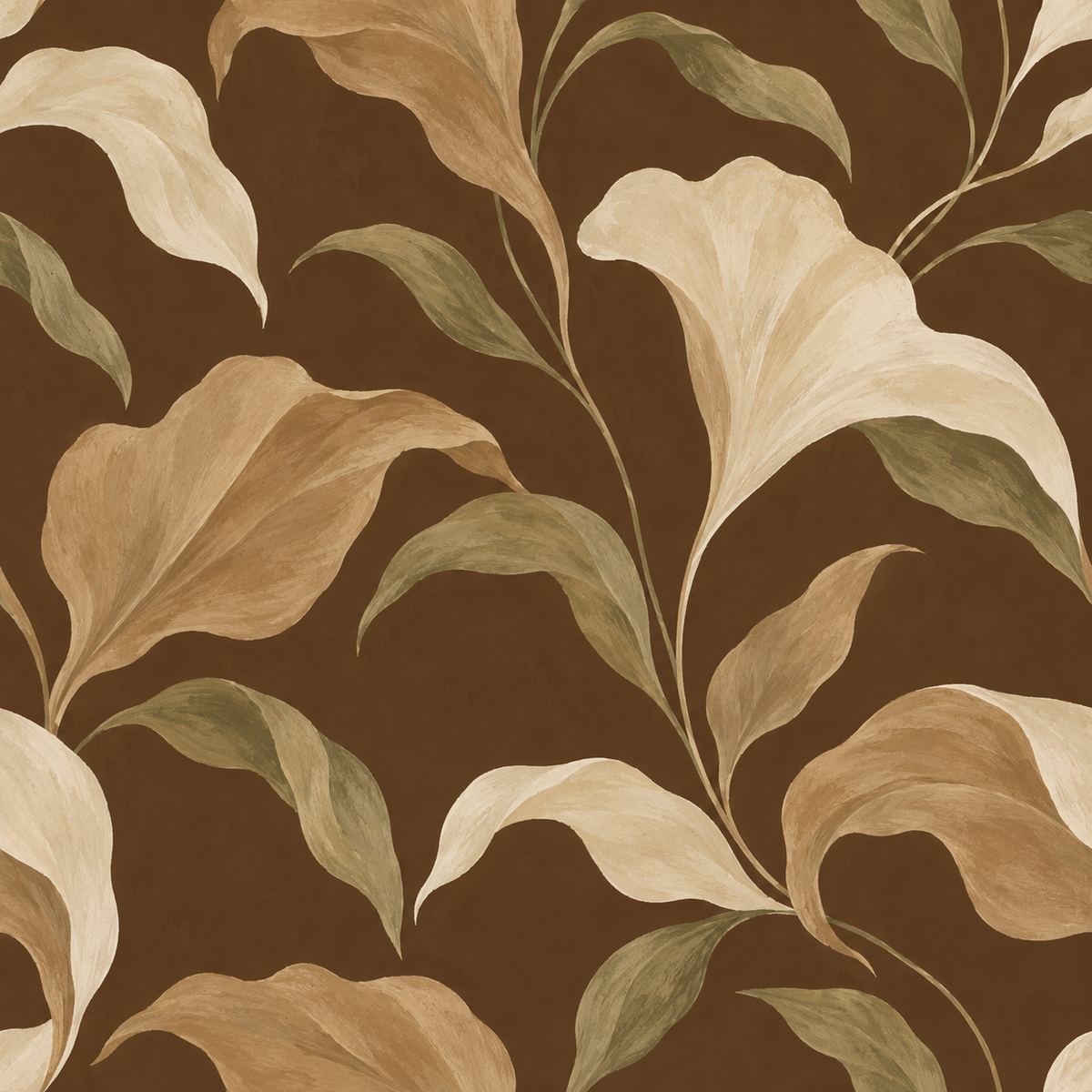 Espresso Affair botanical wallpaper with ivory and caramel flowers, muted olive leaves, and a rich brown background.
