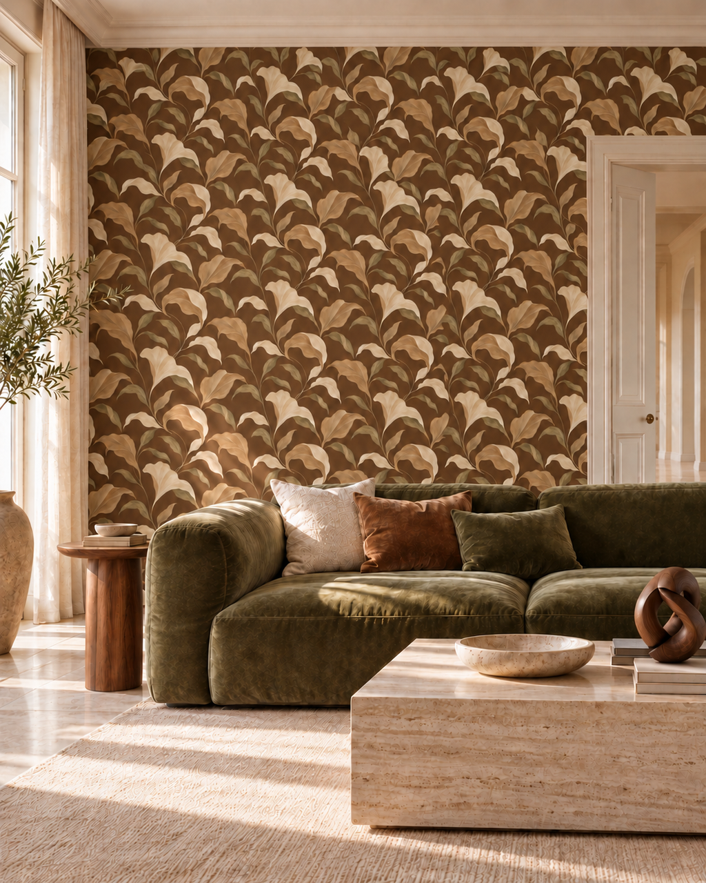 Espresso Affair brown botanical wallpaper behind an olive Italian velvet sofa, styled with a travertine coffee table and dark wood sculpture.